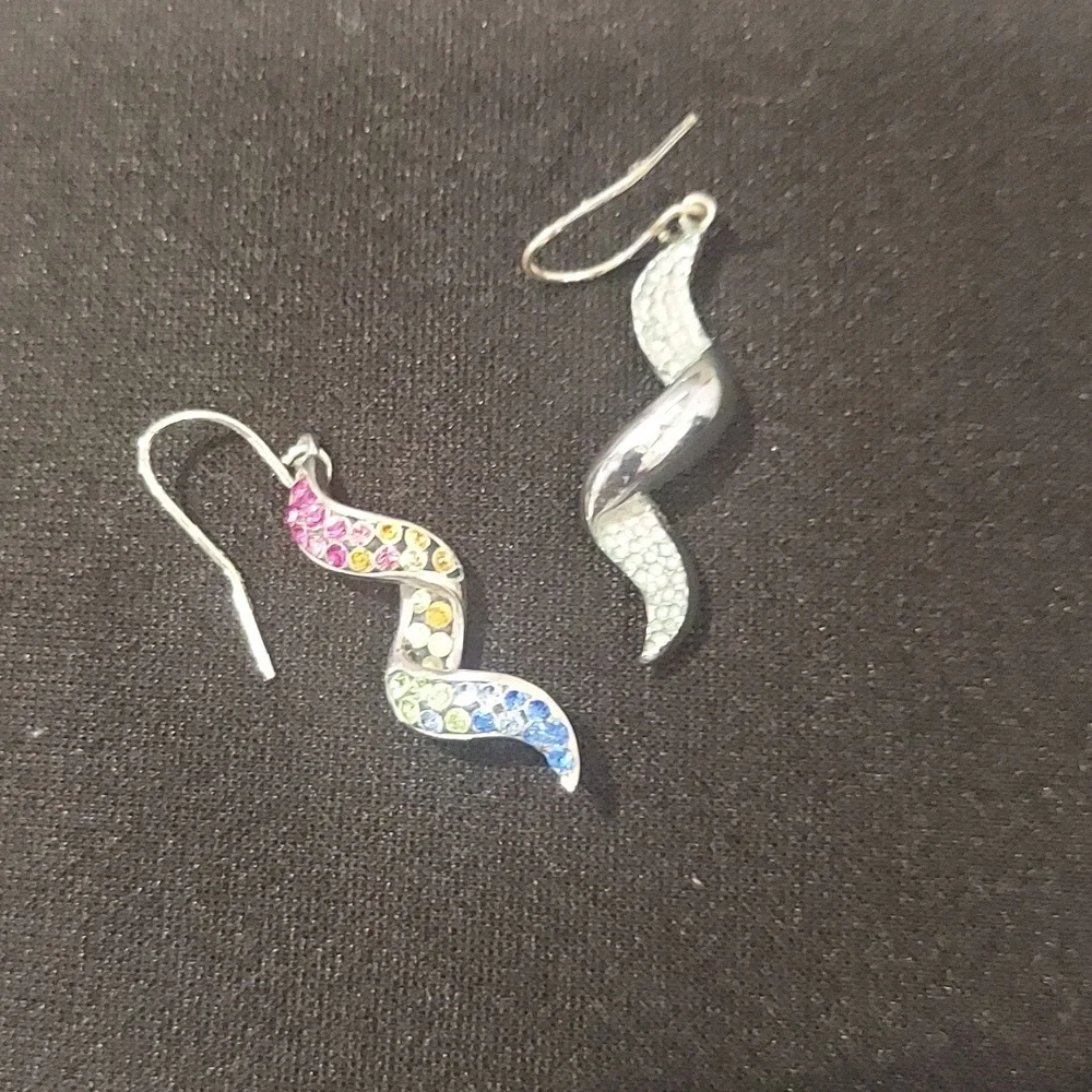 Sterling Silver Rainbow CZ Wave Earrings - Picture 4 of 4